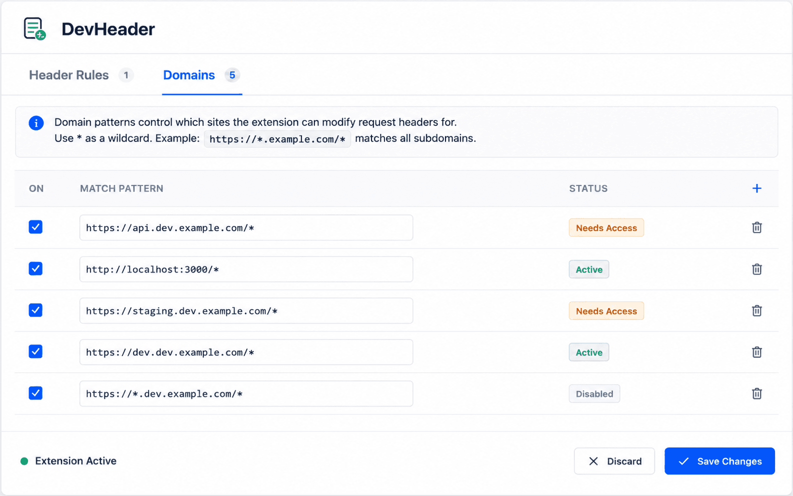 DevHeader popup showing the Domains tab with five scoped domain patterns